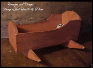 Antique Primitive Wood Doll Bed Cradle Old Red Paint Wash & Homespun Pillow Aafa photo