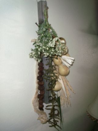 Vintage Inspired Make Do Drying Hanging Rack W/ Pantry Goods - Dried Gourds - Walnut photo