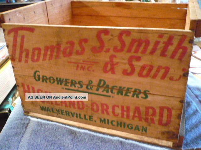 Antique Advertising Smith Orchard Wood Crate Graphics Wooden Box Primitive Primitives photo