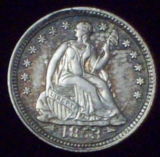 1853 Seated Liberty Half Dime Silver Awesome Au Detailing Toning Authentic photo