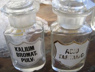 Acid Tartaric & Kalium Bromat: Pulv Vintage Apothecary Jars W/ Lids photo