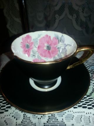Royal Stafford Black Matt Finish Floral Bone China Tea Cup & Saucer England photo