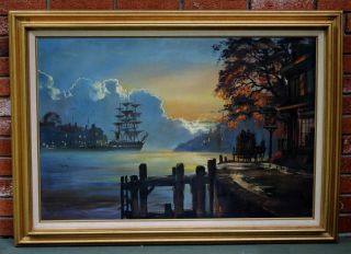 Lg Vintage Lloyd Garrison Twilight Moonlit Colonial Harbor Seascape Oil Painting photo