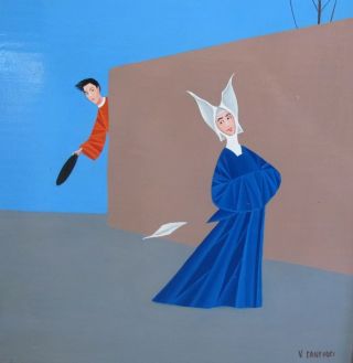 Italian Surrealist Nun W/ Monk V.  Canevari C.  1960s Oil Painting photo