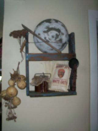 Vintage Inspired Early Style Wooden Bowl W/ Bowl - Crock - Hanging Candle & Gourds photo