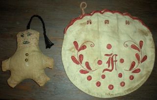 Antique 1800s Western Railroad Folk Art “chinaman” Pin Cushion & Sewing Bag Vafo photo