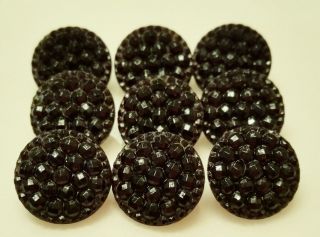 38 Set Of 9 Antique Black Glass Buttons With Faceted Dot On Top photo