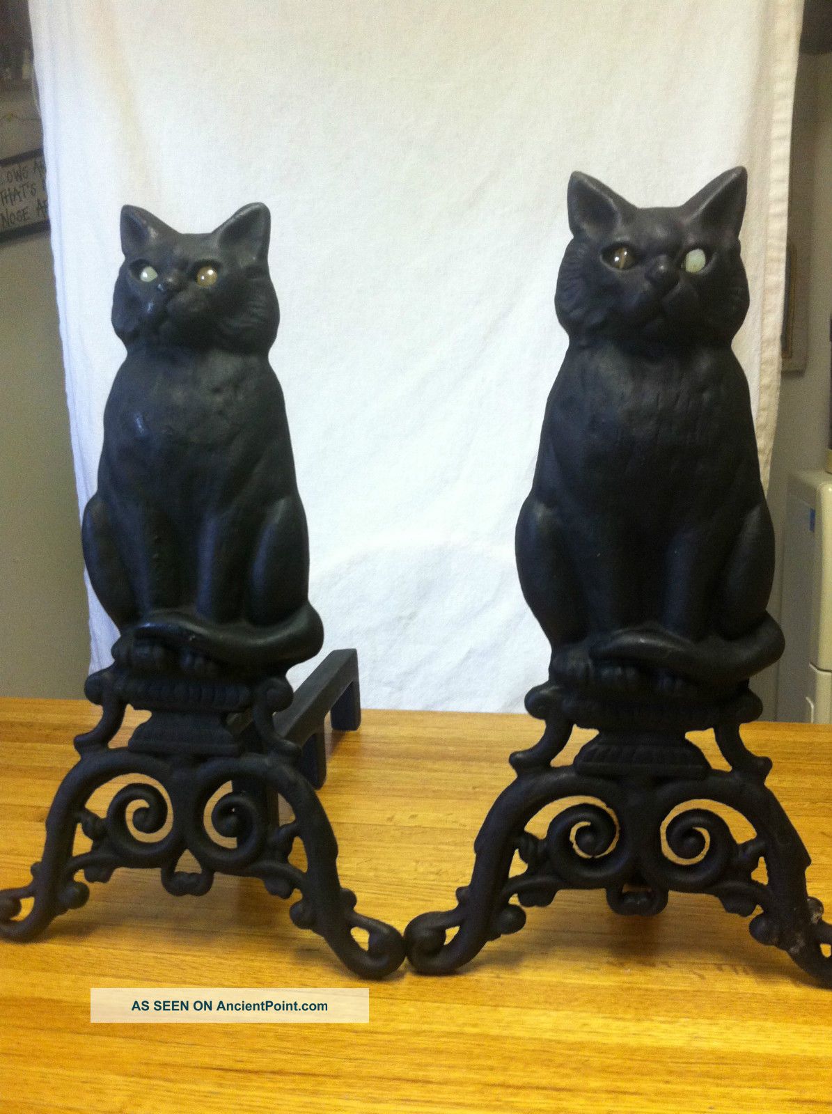 Very Rare Antique Estate Pair Cat Cast Iron Andirons,  New - Bags Primitives photo