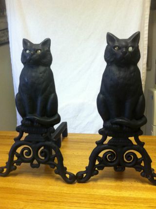 Very Rare Antique Estate Pair Cat Cast Iron Andirons,  New - Bags photo