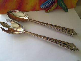 2 Silverplated Zinc Elegance Serving Spoons Cobalt Blue Inserts In Handle photo