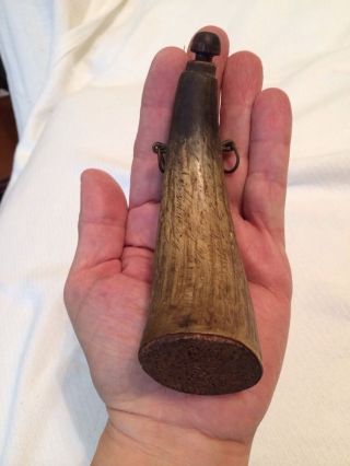 Antique 1800s Priming Powderhorn W/ Unusual Brass Rings For Strap photo
