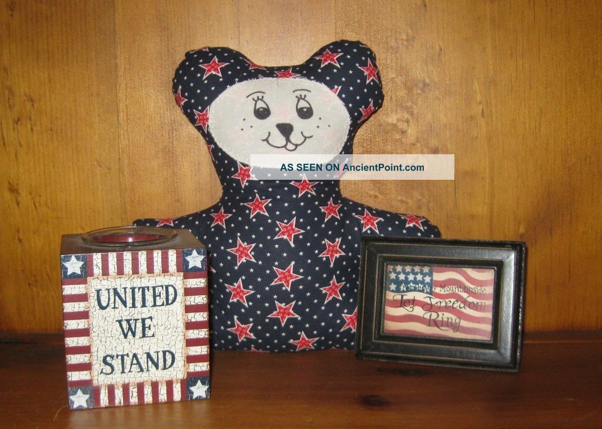 Americana Primitive Patriotic Flag Framed Picture Bear Doll Candle Holder 3 Primitives photo