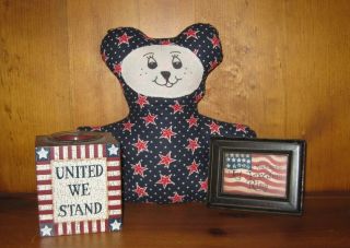 Americana Primitive Patriotic Flag Framed Picture Bear Doll Candle Holder 3 photo