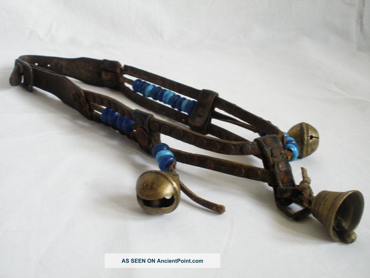 Antique Leather Necklace Festive Beady Knight Ottoman Empire Bronze Bells Primitives photo
