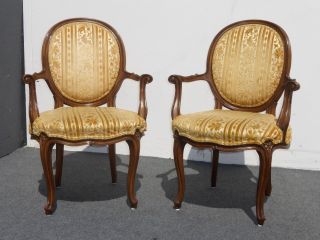 Exquisite French Kargas Accent Arm Chairs Gold Silk & Velvet Floral Stripped photo