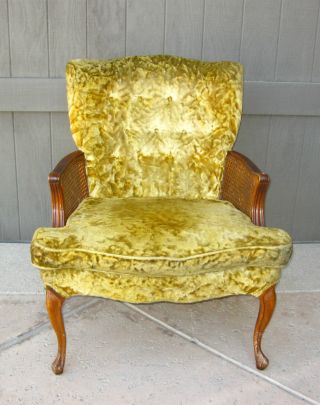 Vintage Hollywood Regency Gold Tufted Crushed Velvet Cane Arm Chair French Retro photo