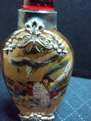 Maneki Neko Cat Antique Reverse Inside Handpainted Glass W/silver Snuff Bottle photo