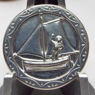 Pristine Vintage Signed Pewter Stieff Boy In Sailboat Picture Button photo
