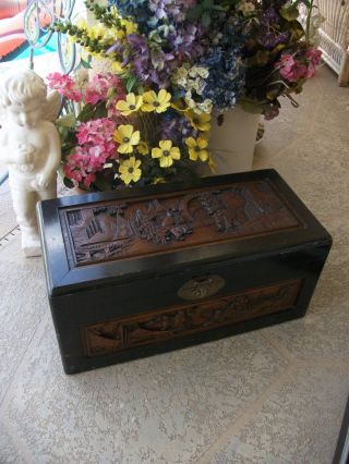 Antique Vintage Asian Ornate Hand Carved Solid Wood Chest Trunk Decor Cedar photo