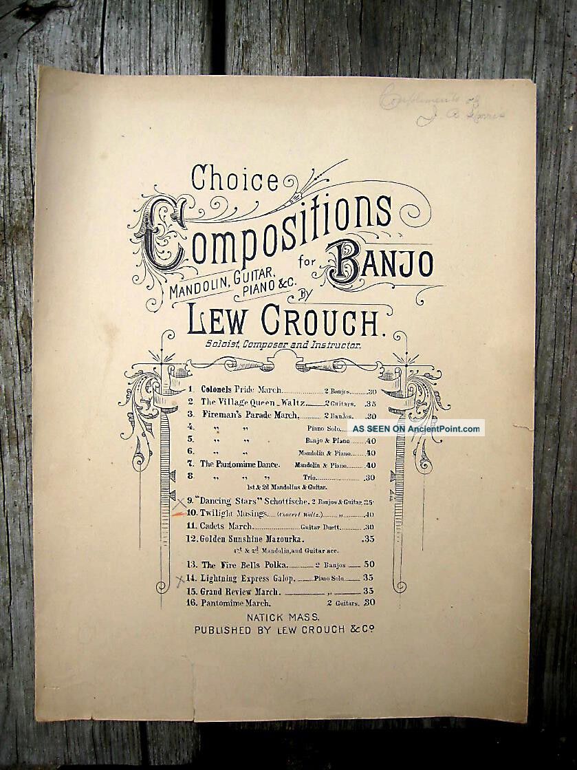 Antique Vintage Banjo Trio Sheet Music 1891 Lew Crouch Twilight Musings Waltz String photo