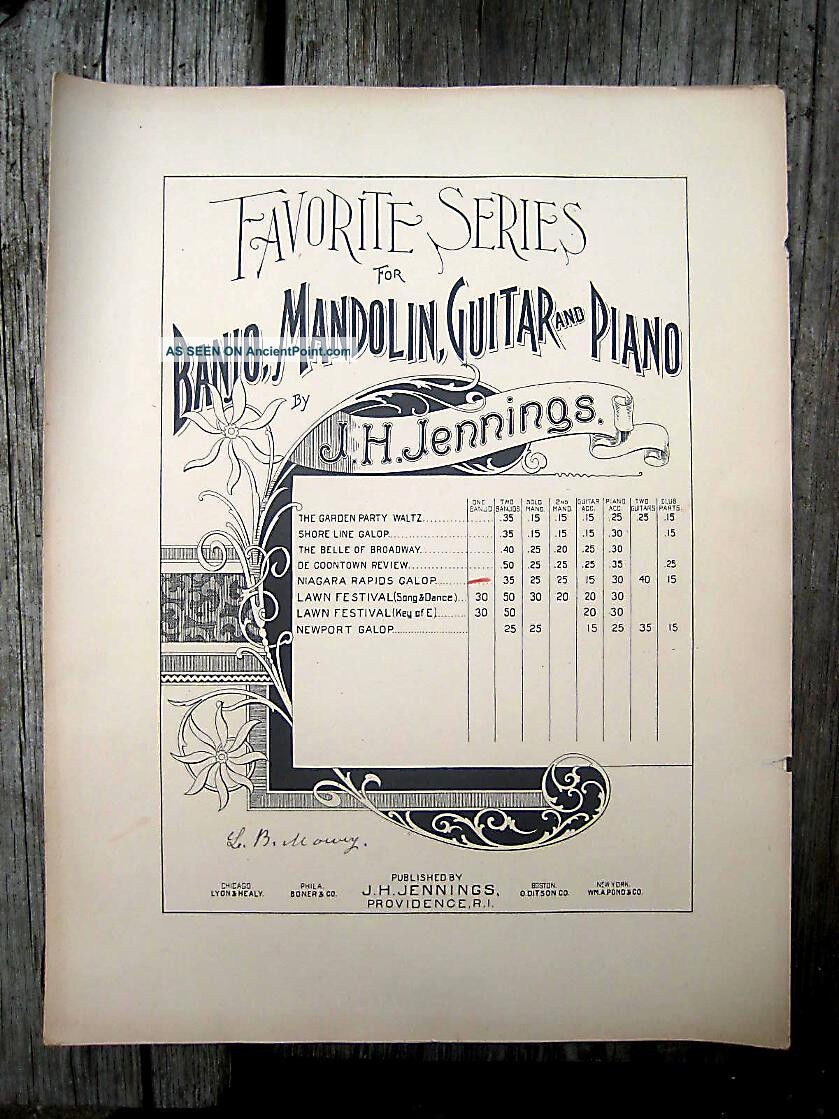 Antique Vintage Banjo Duo Sheet Music 1894 J H Jennings Niagara Rapids Galope String photo