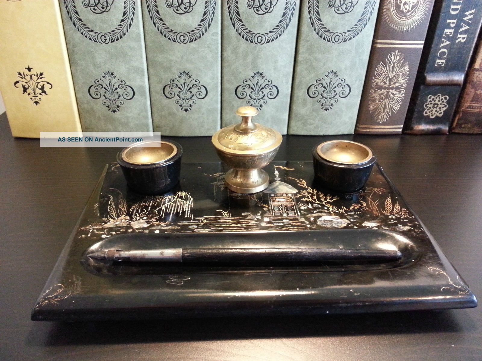 Antique Desk Top Writing Set & Pen Mother Of Pearl Picture Wood,  Brass & Ceramic British photo