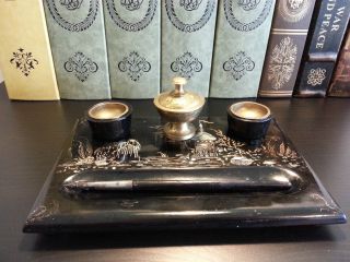 Antique Desk Top Writing Set & Pen Mother Of Pearl Picture Wood,  Brass & Ceramic photo