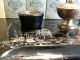 Antique Desk Top Writing Set & Pen Mother Of Pearl Picture Wood,  Brass & Ceramic British photo 4