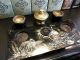 Antique Desk Top Writing Set & Pen Mother Of Pearl Picture Wood,  Brass & Ceramic British photo 7