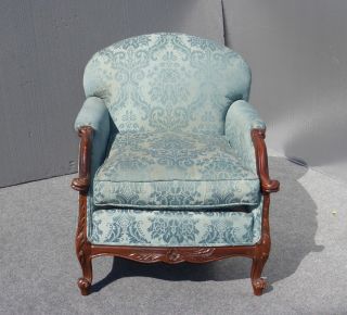 Vintage Blue Overstuffed Rounded Accent Arm Chair Carved Wood Frame Victorian photo