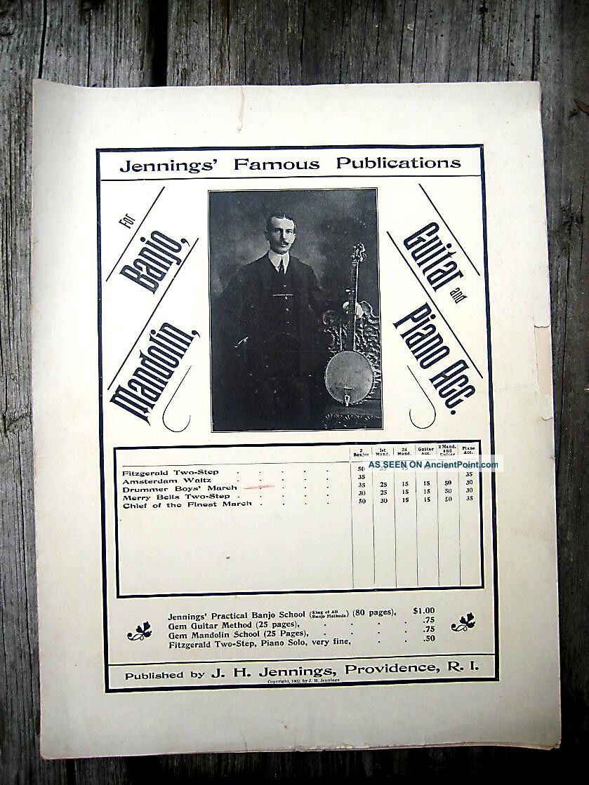 Antique Vintage Banjo Photo Sheet Music 1902 J H Drummer Boys March J H Jennings String photo