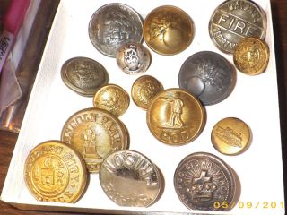 15 Antique Brass Buttons Fire,  Railroad,  Police,  Templar,  Pod,  Flaming Bomb photo