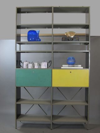 Midcentury Modern Vtg Steel Colorblock Industrial Cabinet Bookcase Shelving Unit photo