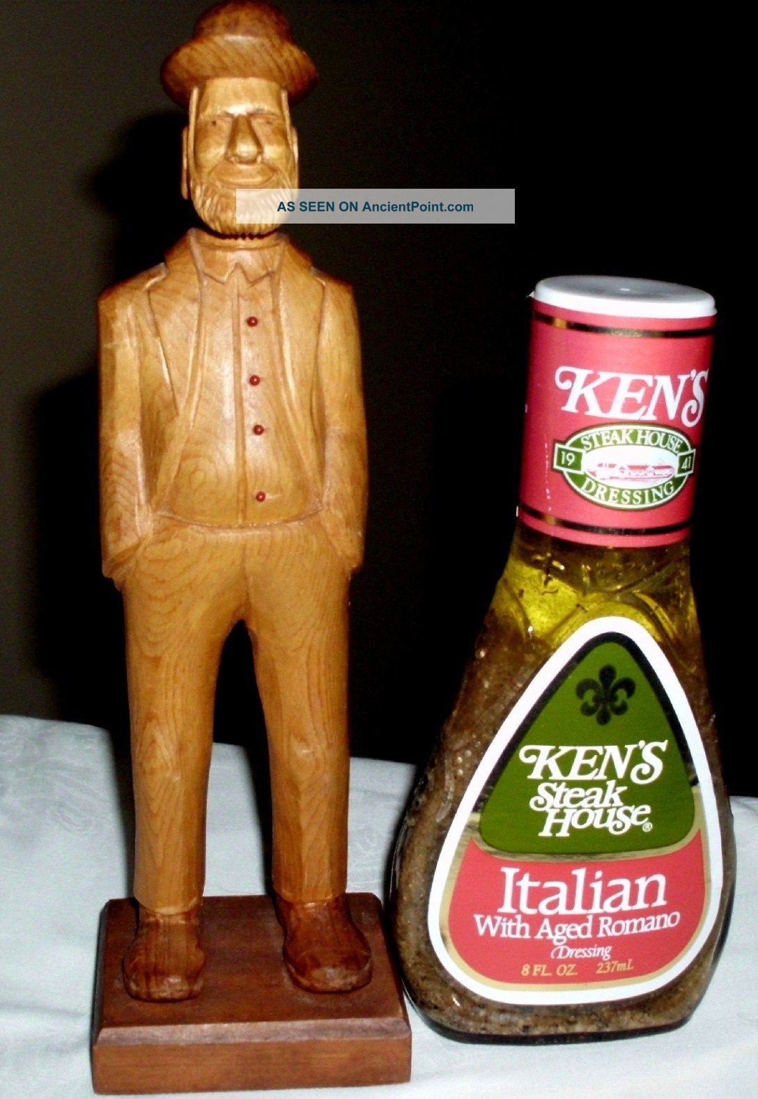 Signed Woodcarving Of Man With Hat,  Beard,  Incredible Buttons From Collector Carved Figures photo