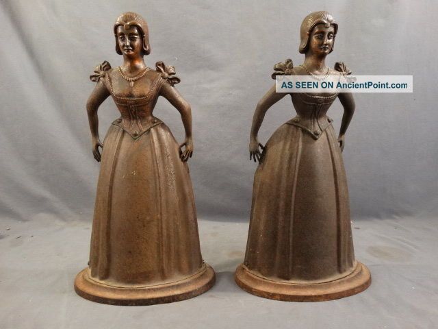 Pair (2) Antique Victorian Fireplace Figural Lady Bronzed Tool Caddy Fire Dog Metalware photo