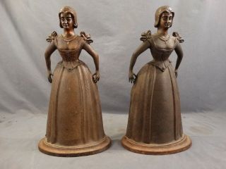 Pair (2) Antique Victorian Fireplace Figural Lady Bronzed Tool Caddy Fire Dog photo