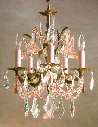 Vintage Le Petite European French Chandelier 5 Lights Draped Blush/pink Crystals photo