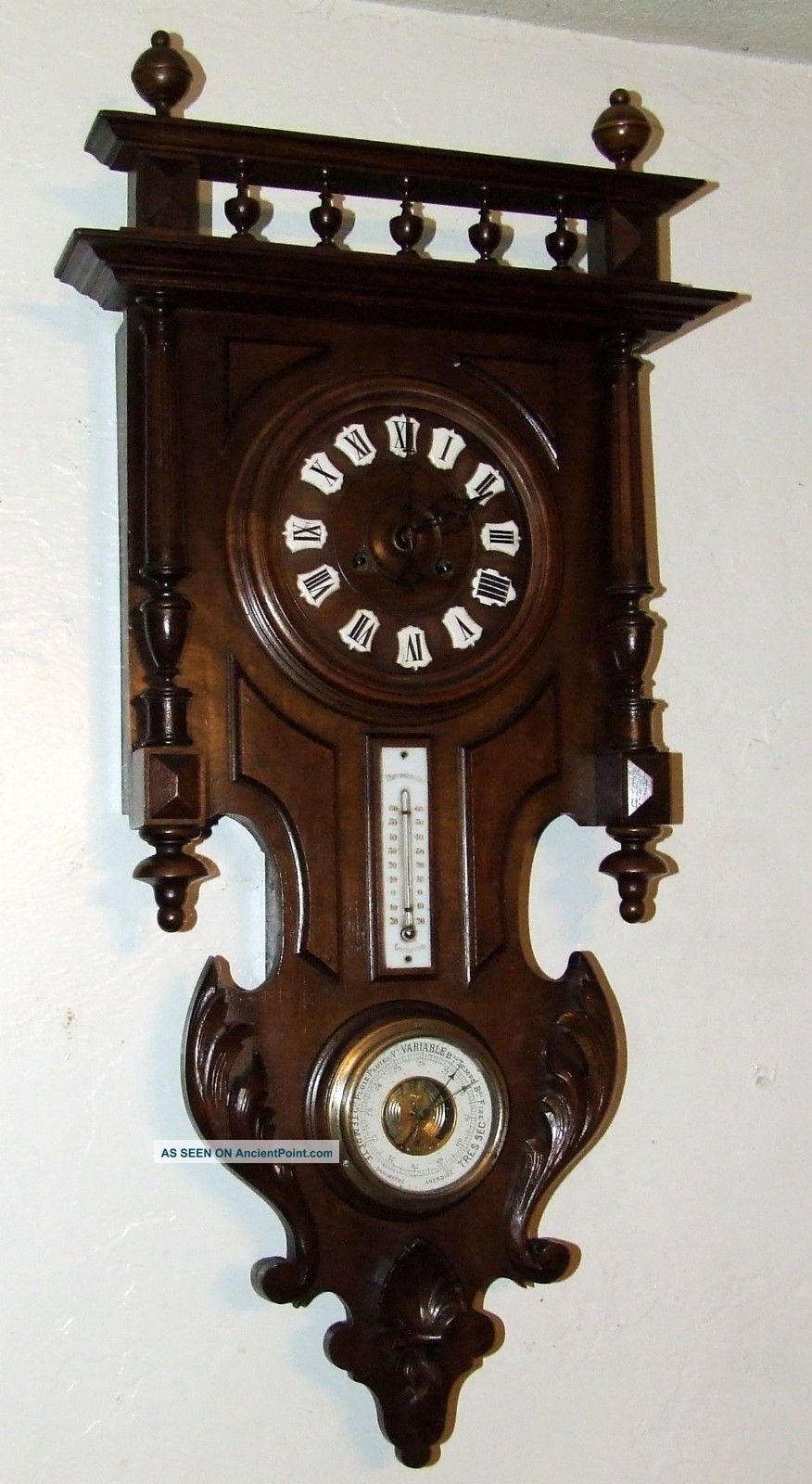 Antique Working 19th C.  French Victorian Walnut Barometer Thermometer Wall Clock Barometers photo