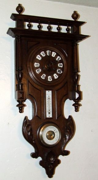 Antique Working 19th C.  French Victorian Walnut Barometer Thermometer Wall Clock photo