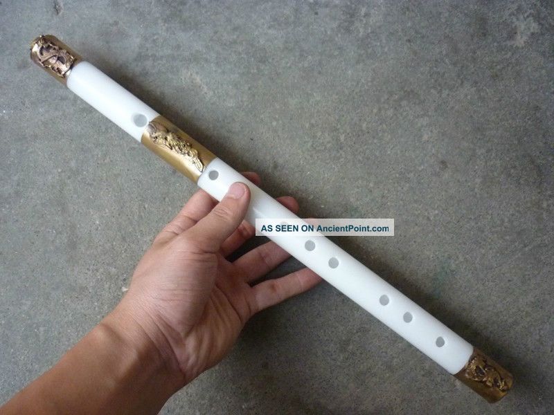 Collectable Handwork Carve Natural White Jade Long Flute Inlay Dragon Phoenix Other photo
