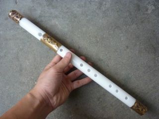 Collectable Handwork Carve Natural White Jade Long Flute Inlay Dragon Phoenix photo