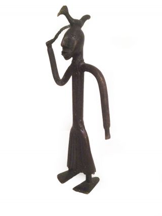 Vtg.  African Tribal Bronze Cast Figurine Statue Of Male With Bird On The Head photo