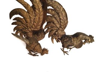 Antique Patina Brass Fighting Rooster Figurines photo