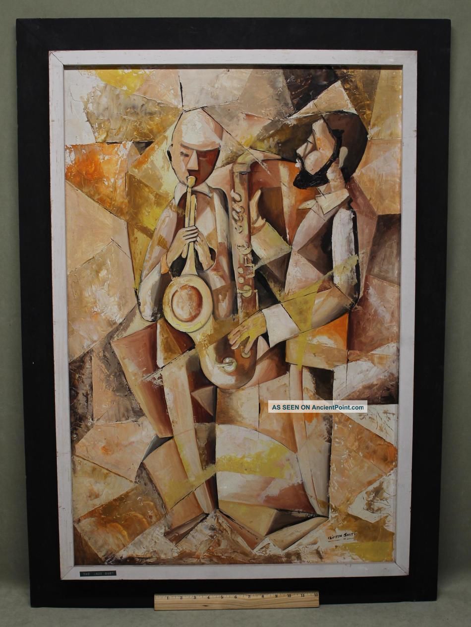 Vintage American Modernist Cubist Oil Painting Trumpet Saxophone Jazz Musicians Brass photo
