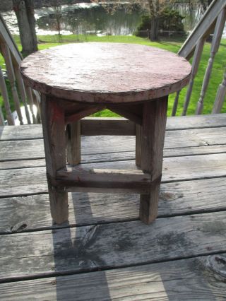Antique Primitive Wood Round Seat Stool,  Milking Stool Hand Crafted 17 