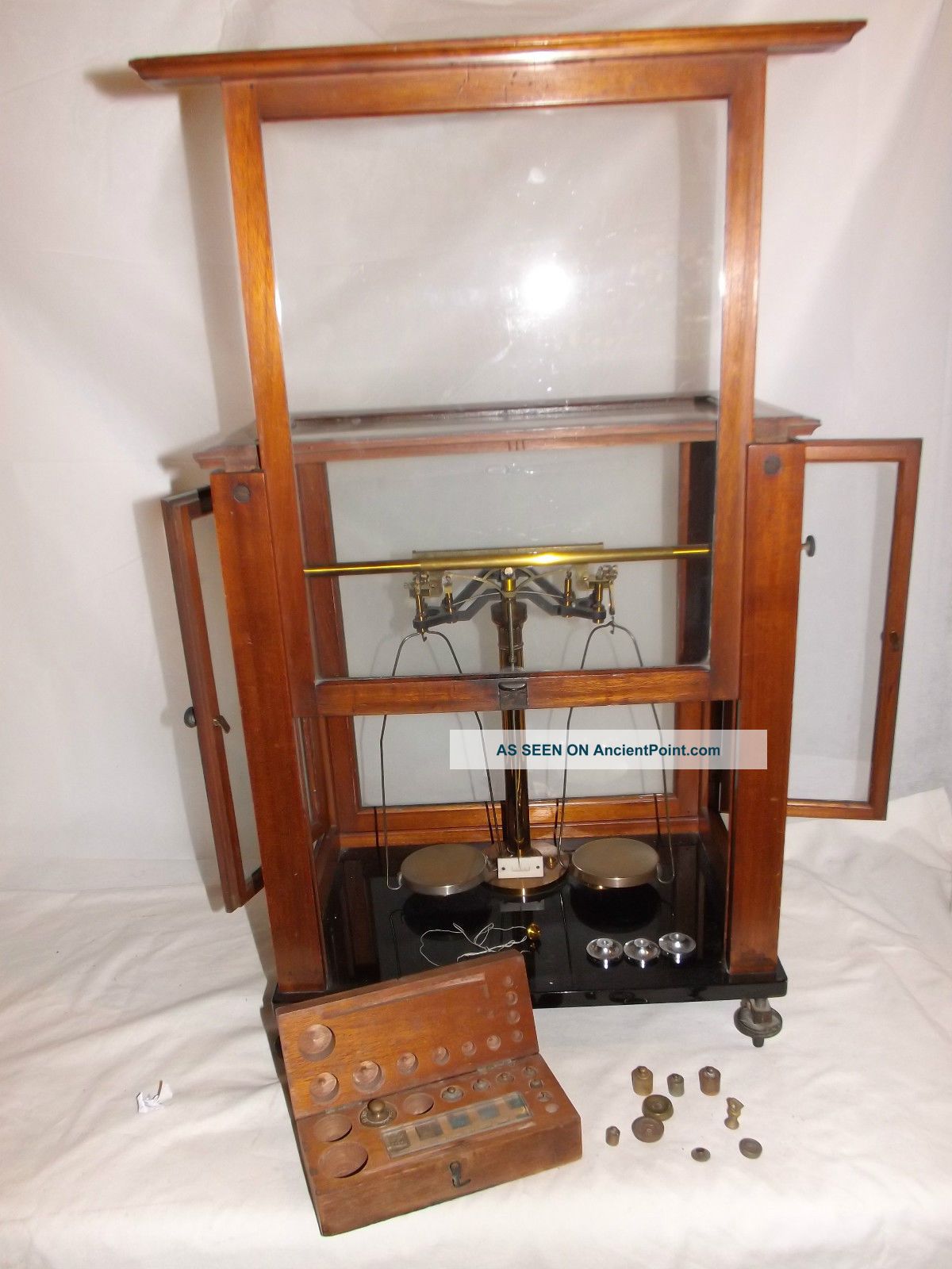 Rare Set Of Brass Cased Balance Scales In Glass & Wood & Weights Pharmaceutical Other photo