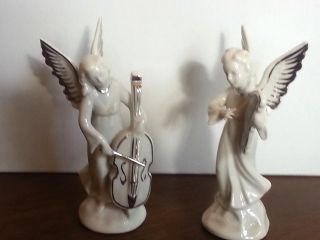 Pair Dresden Angels Playing Harp Bass Vintage Figurine Musician Silver Accent photo