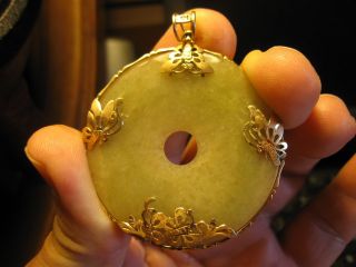 Solid 14k Jade Pendent Asian Chinese Butterfly Bamboo Style Antique 1850 ' S - 1899 photo