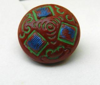 Victorian 6 Buttons Brown Glass Painted Green Blue Domed 10mm.  5 