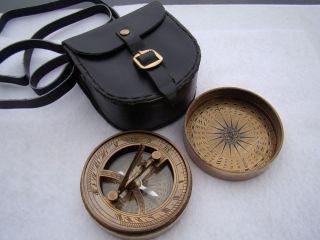 Brass Pocket Sundial Compass W/ Cover & Leather Case Nautical Maritime photo